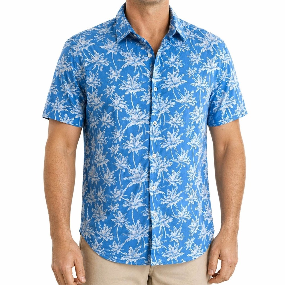 Denim & Flower‎ Ricky Singh Hawaiian Aloha Shirt Small Palms Blue Gray
